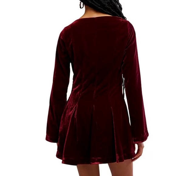 Free People Linney Velvet Mini Dress Cabernet Burgundy Lace Up Boho Size 2 NWOT - Picture 3 of 10